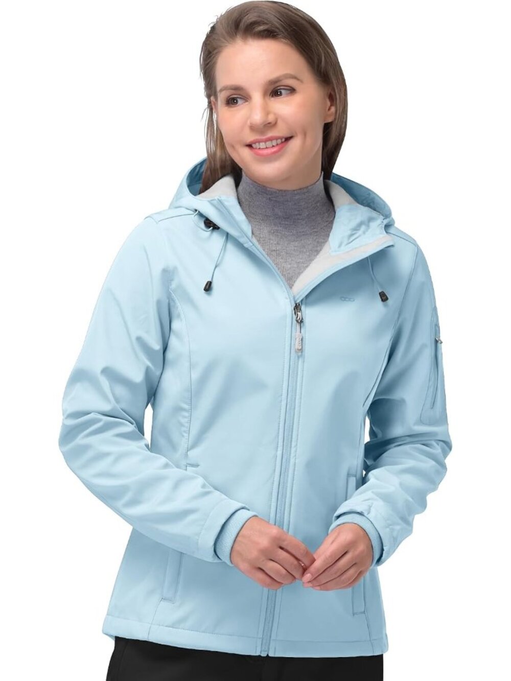 Women Sky Blue Hooded Fleece Lined Softshell Pockets Spring Windbreaker Jacket